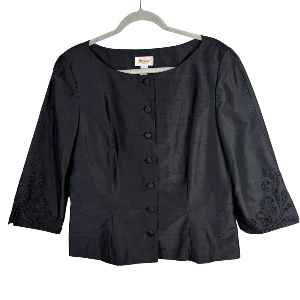 NWT Talbots 100% Silk Black Embroidered Blazer Jacket Size 16 Evening Event